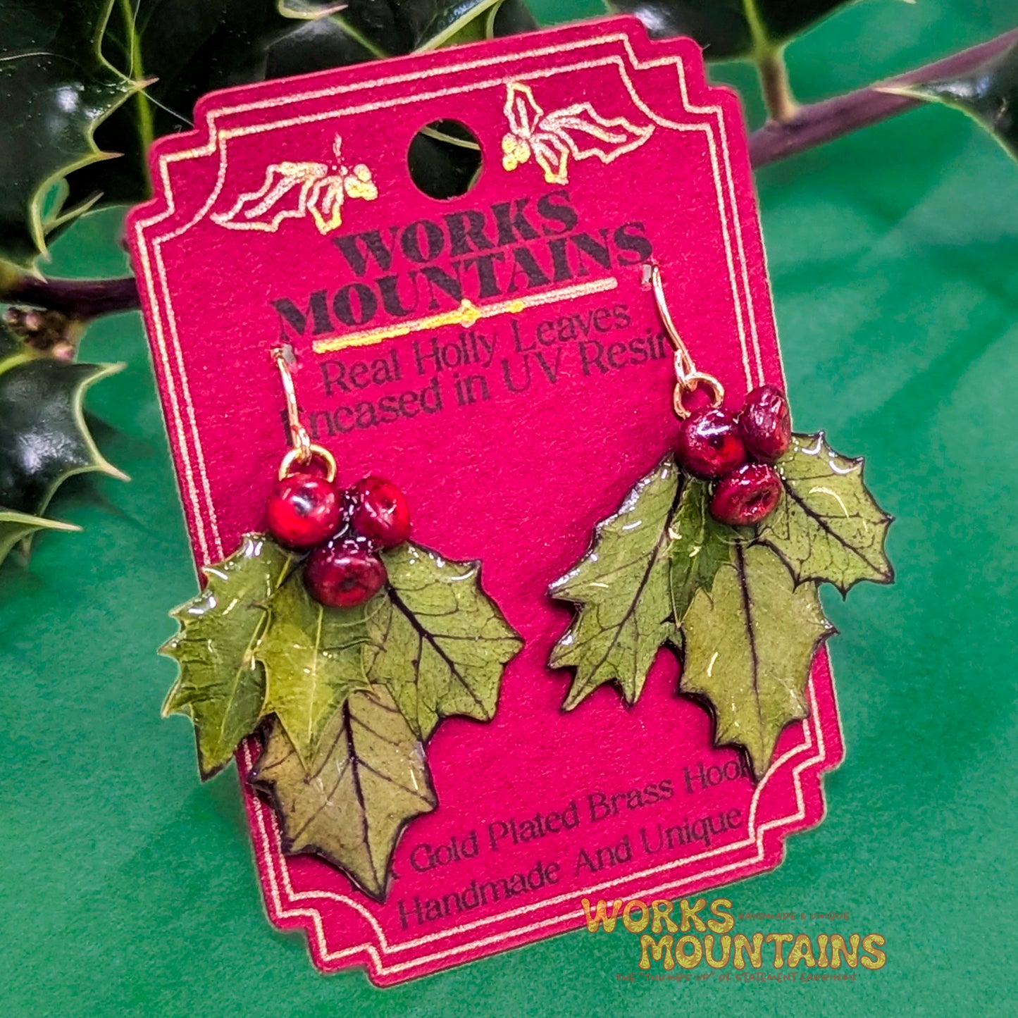 Festive Holly Leaf Earrings  | Dangling  | Handcrafted Magic for the Season