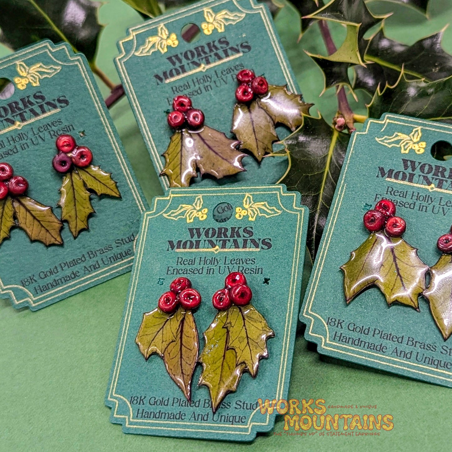 Festive Holly Leaf Earrings | STUDS | Handcrafted Magic for the Season