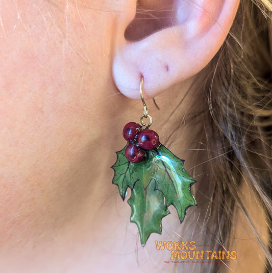 Festive Holly Leaf Earrings  | Dangling  | Handcrafted Magic for the Season