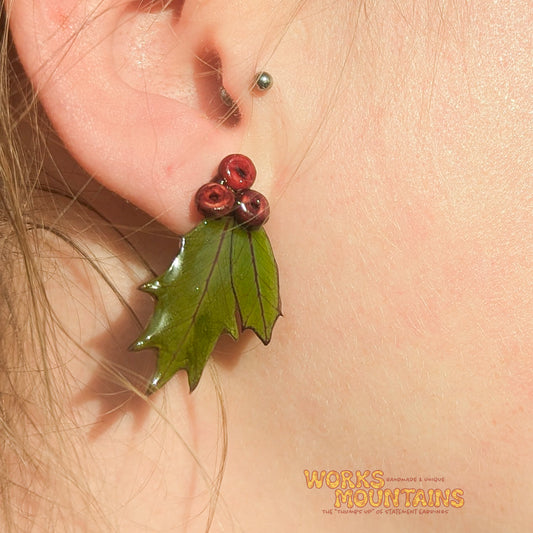 Festive Holly Leaf Earrings | STUDS | Handcrafted Magic for the Season