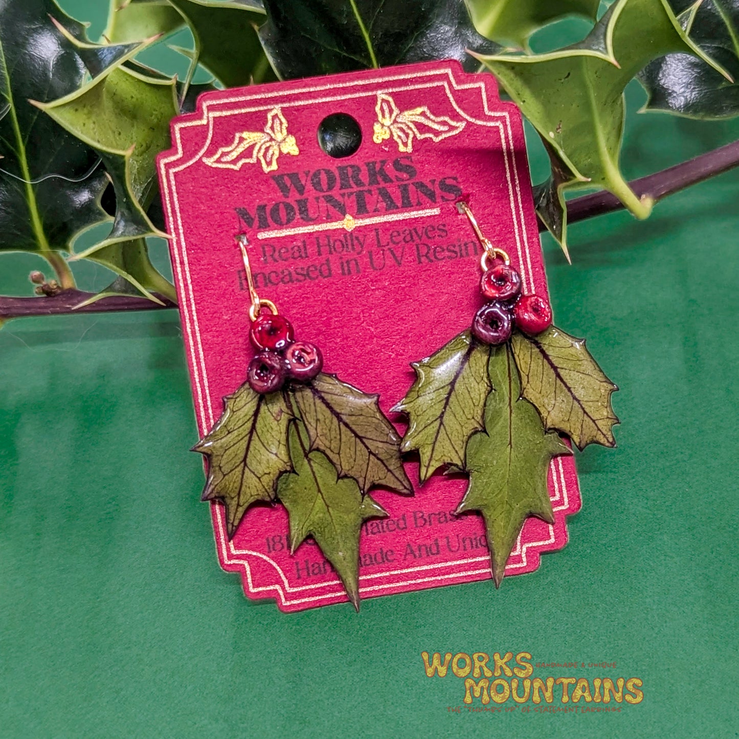 Festive Holly Leaf Earrings  | Dangling  | Handcrafted Magic for the Season