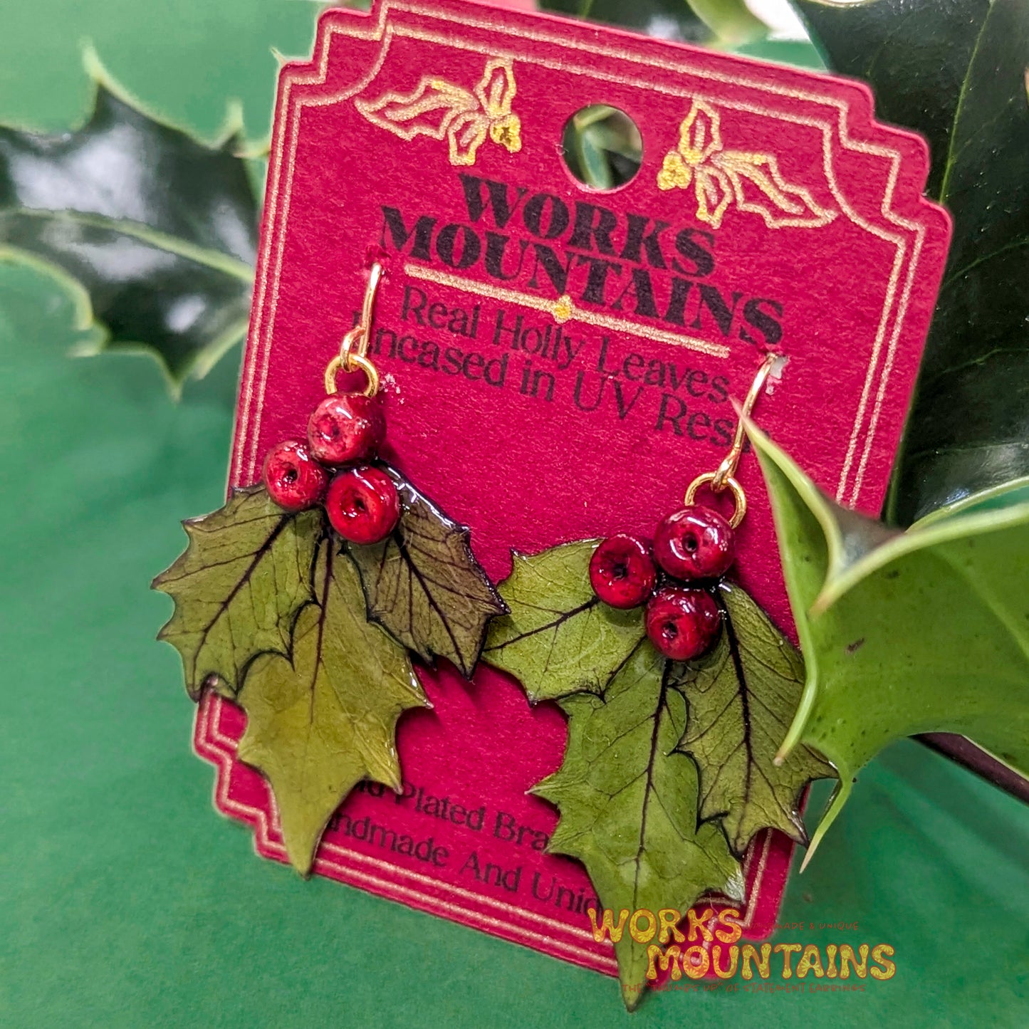 Festive Holly Leaf Earrings  | Dangling  | Handcrafted Magic for the Season