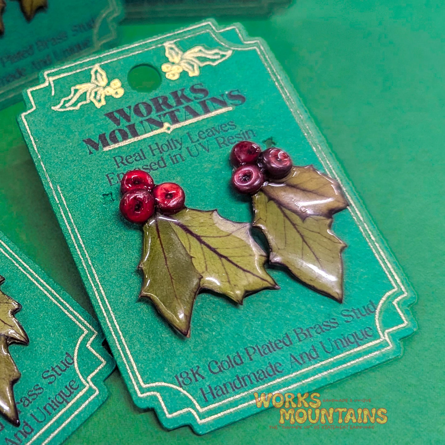 Festive Holly Leaf Earrings | STUDS | Handcrafted Magic for the Season