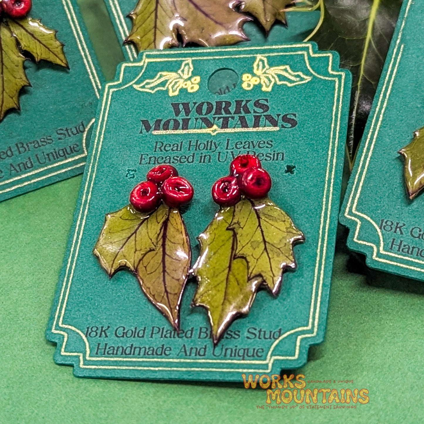 Festive Holly Leaf Earrings | STUDS | Handcrafted Magic for the Season