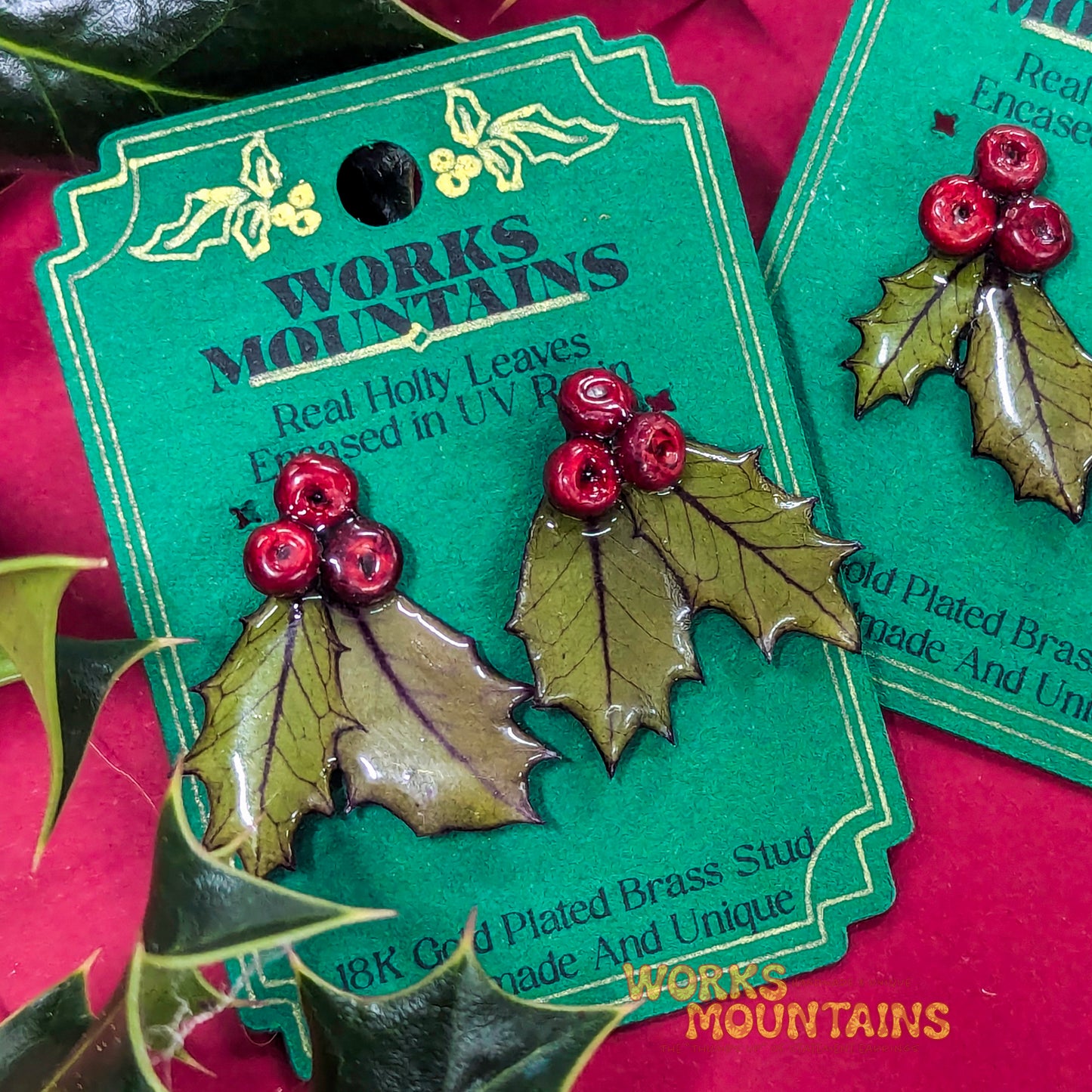 Festive Holly Leaf Earrings | STUDS | Handcrafted Magic for the Season