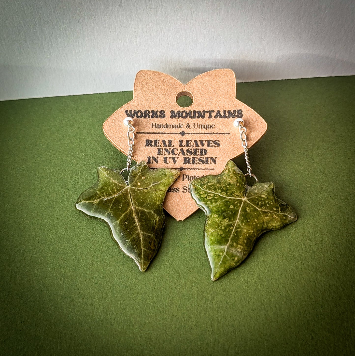 Natural Elegance Collection | Green and Variegated Real Ivy Leaves  |  Hanging Earrings